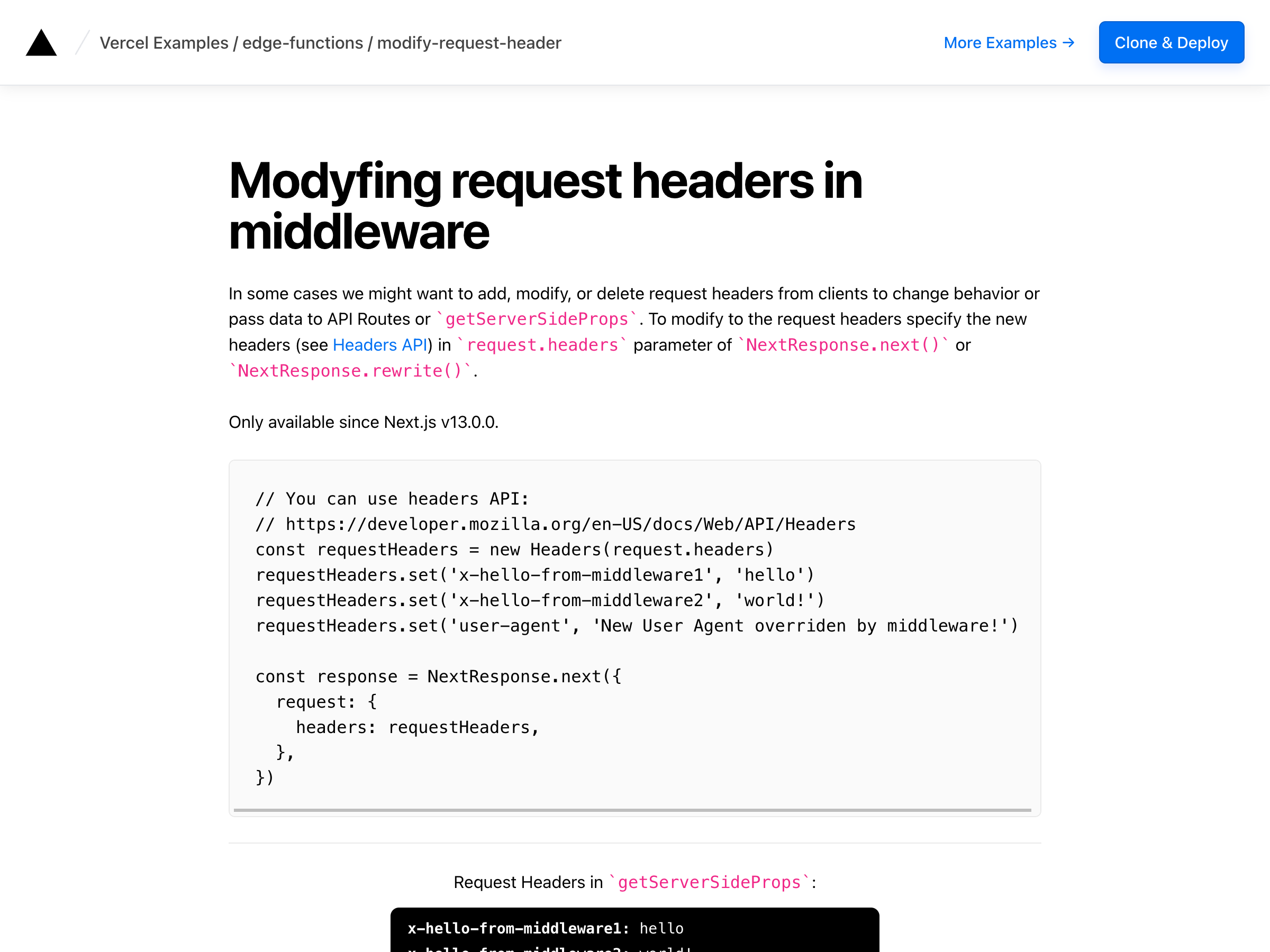 Screenshot of "Modifying Request Headers in Middleware" example