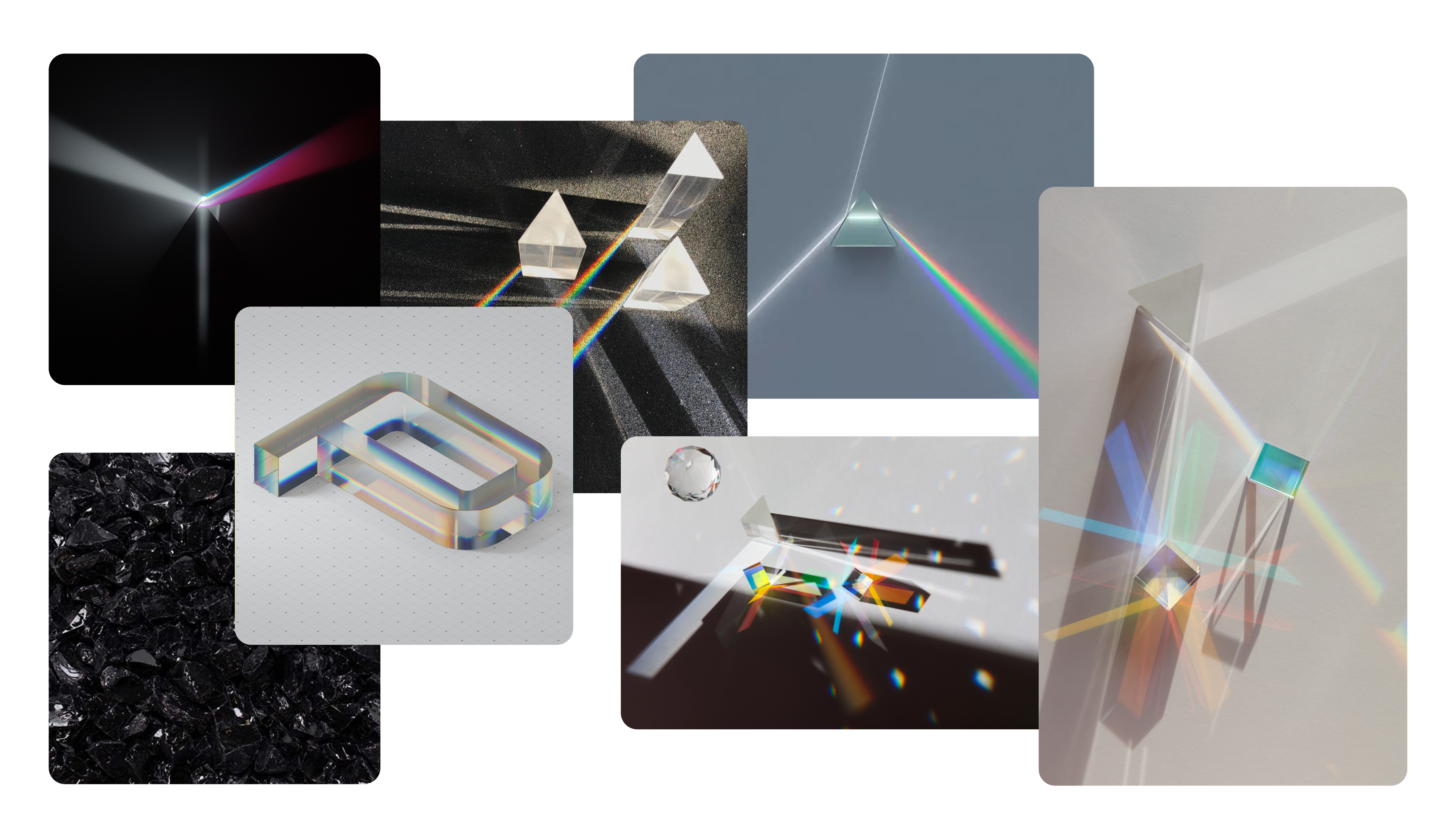 A mood board depicting many of the concepts that led to the creation of the Next.js Conf registration page. Prisms, beams of light, and rainbows create vivid, eye-catching visual elements.