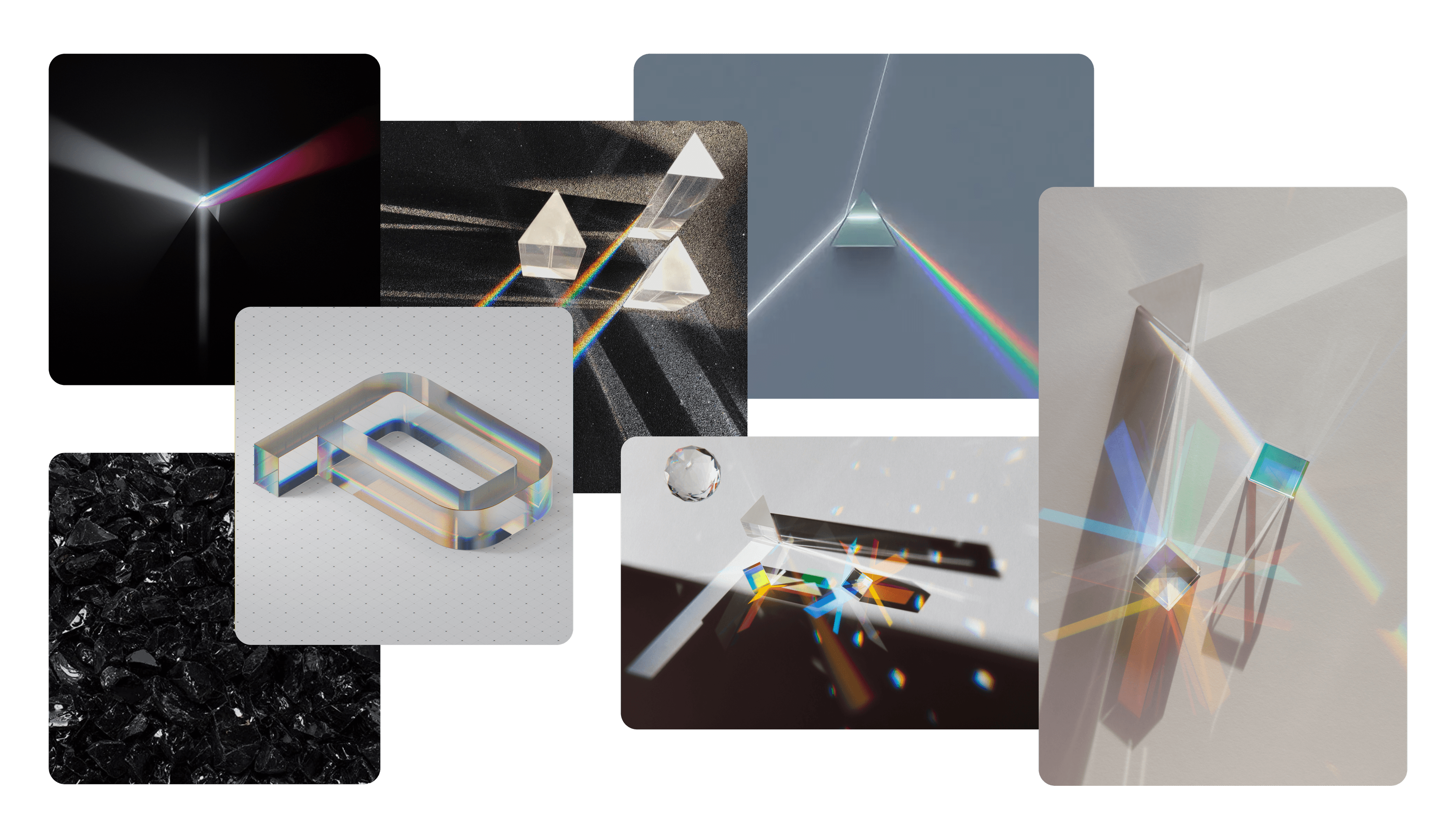 A mood board depicting many of the concepts that led to the creation of the Next.js Conf registration page. Prisms, beams of light, and rainbows create vivid, eye-catching visual elements.