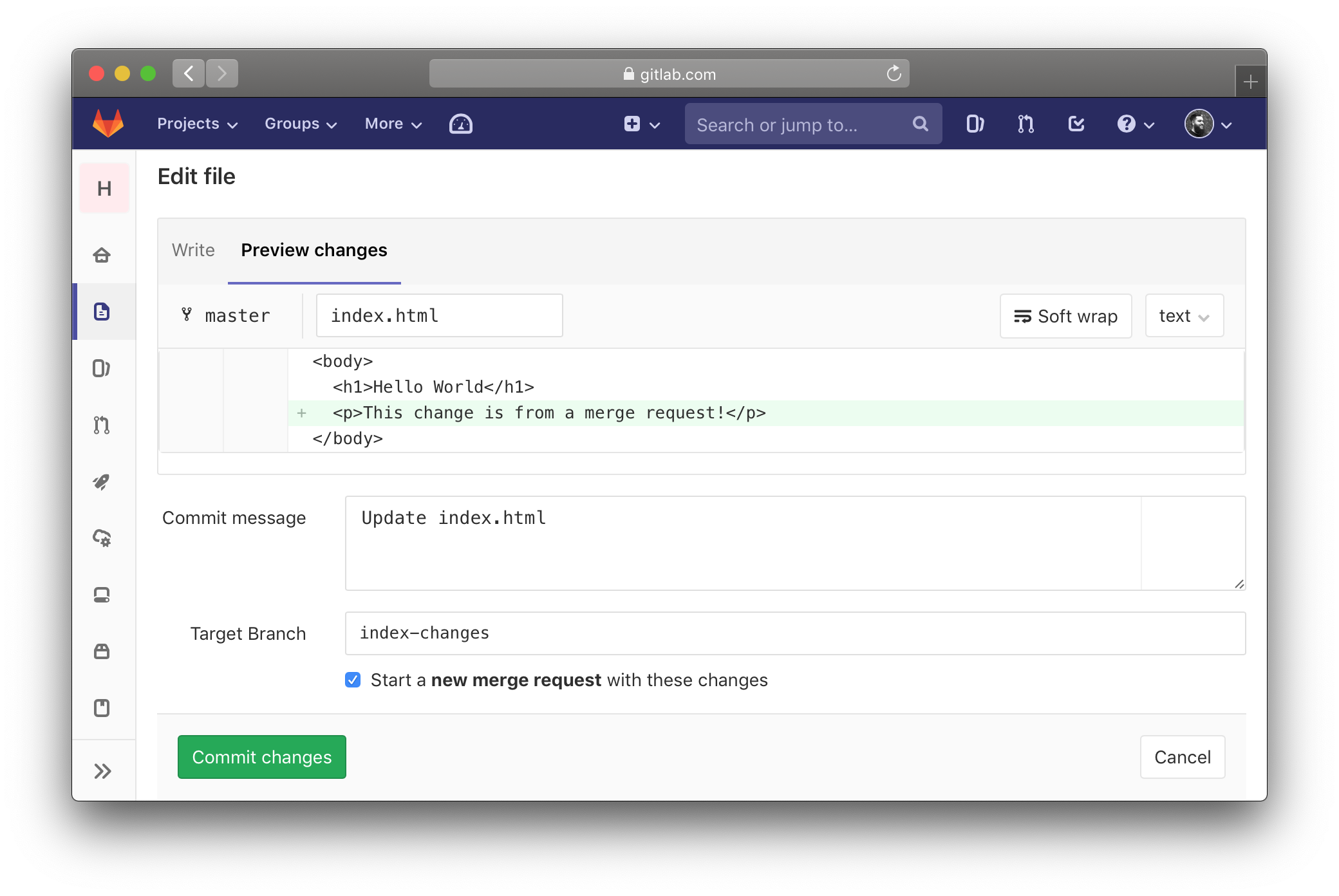 Creating a merge request from GitLab's UI.
