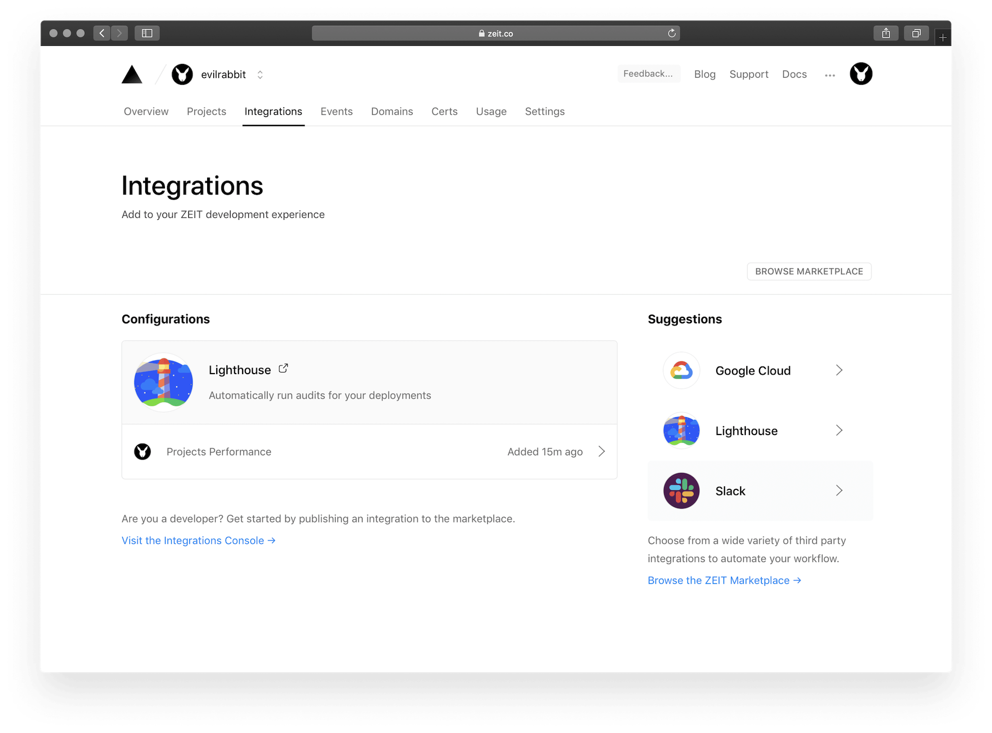 The Integrations Dashboard lists all configurations for integrations you've added.
