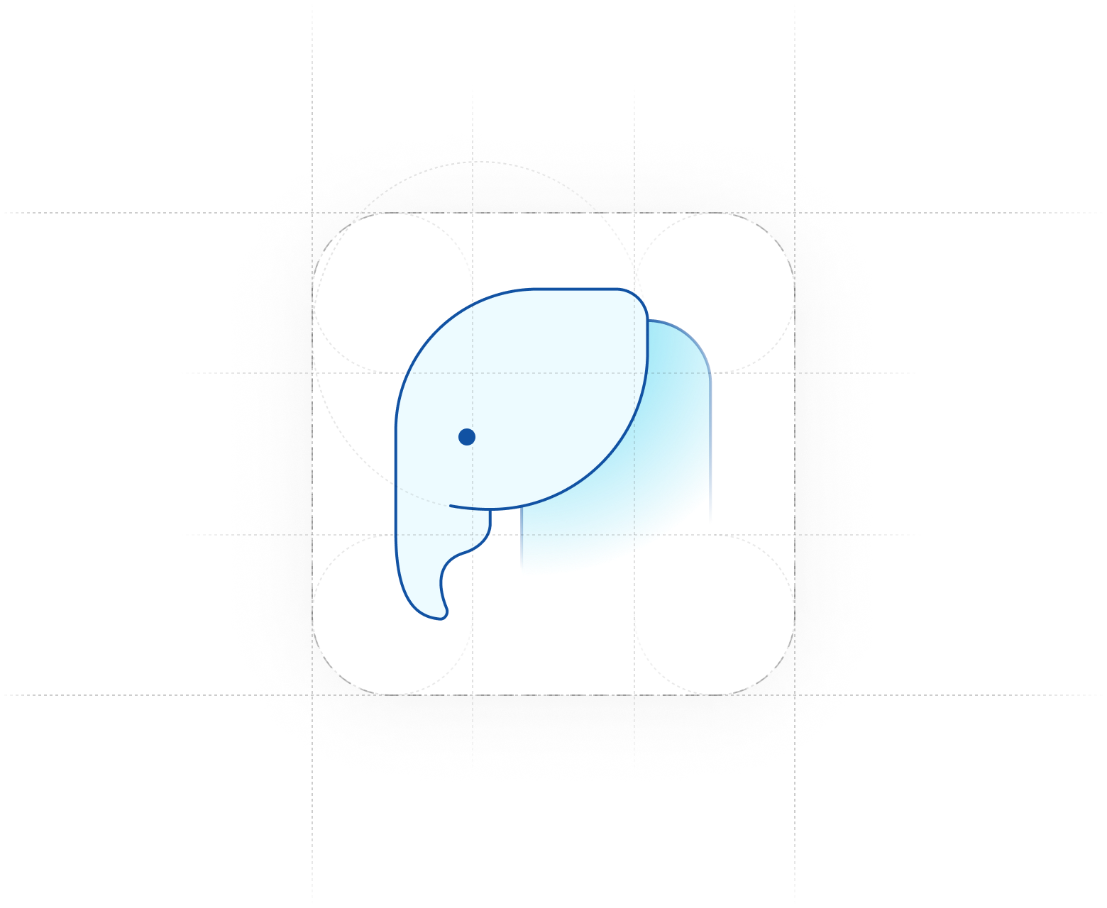 A whimsical illustration of an elephant's head sits inside a square with rounded edges and a dashed border.