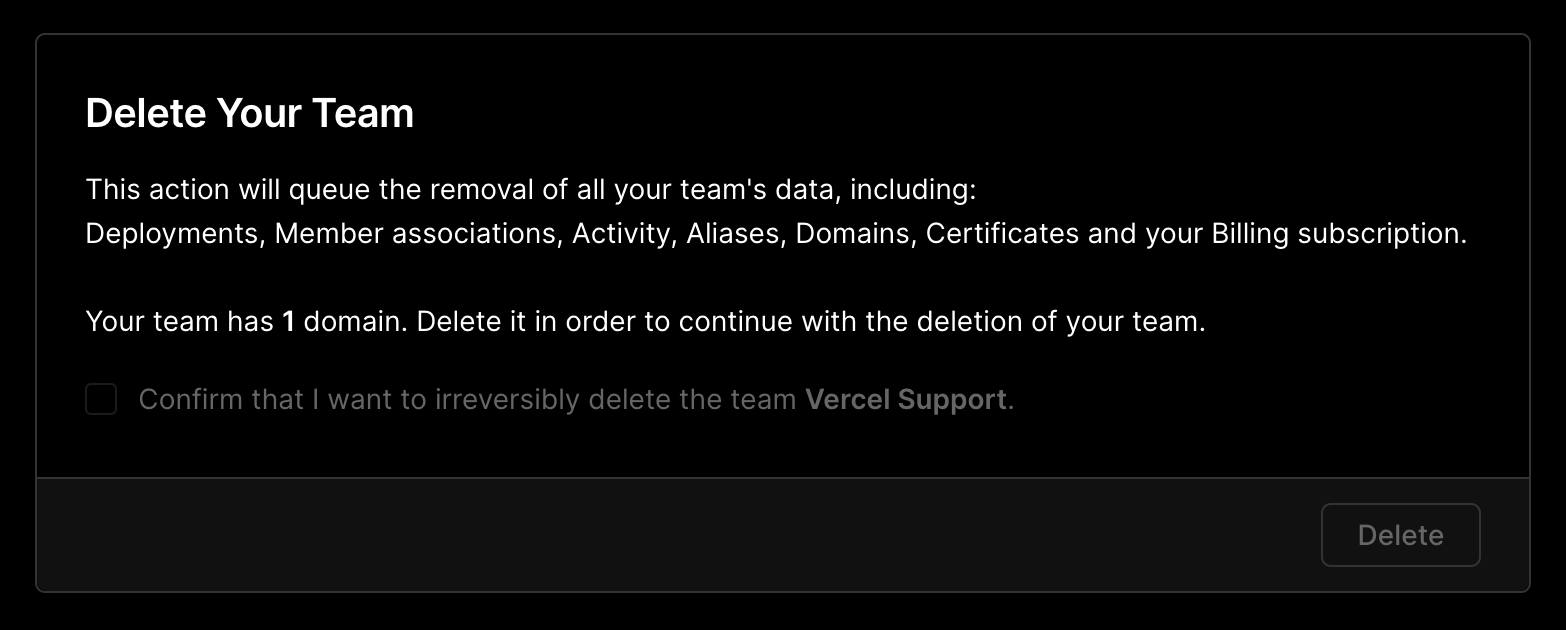 Deleting a Vercel team.