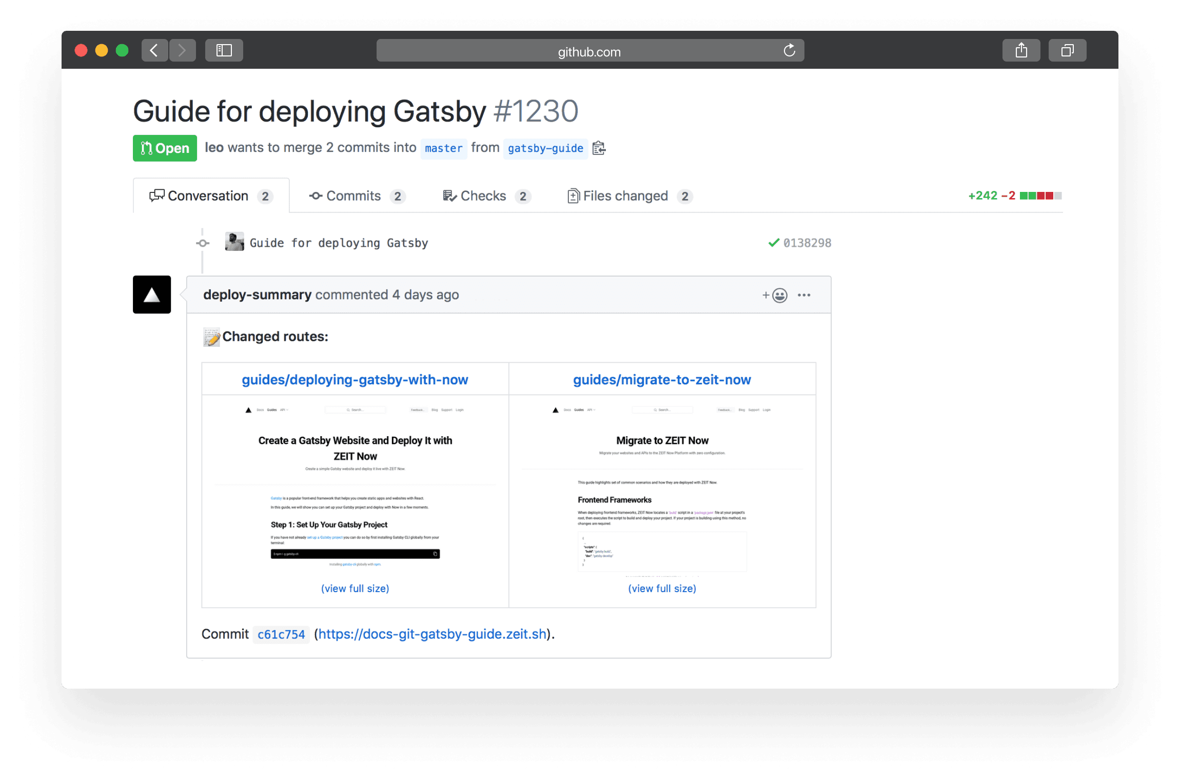 An example pull request with a preview provided by the Deploy Summary integration.