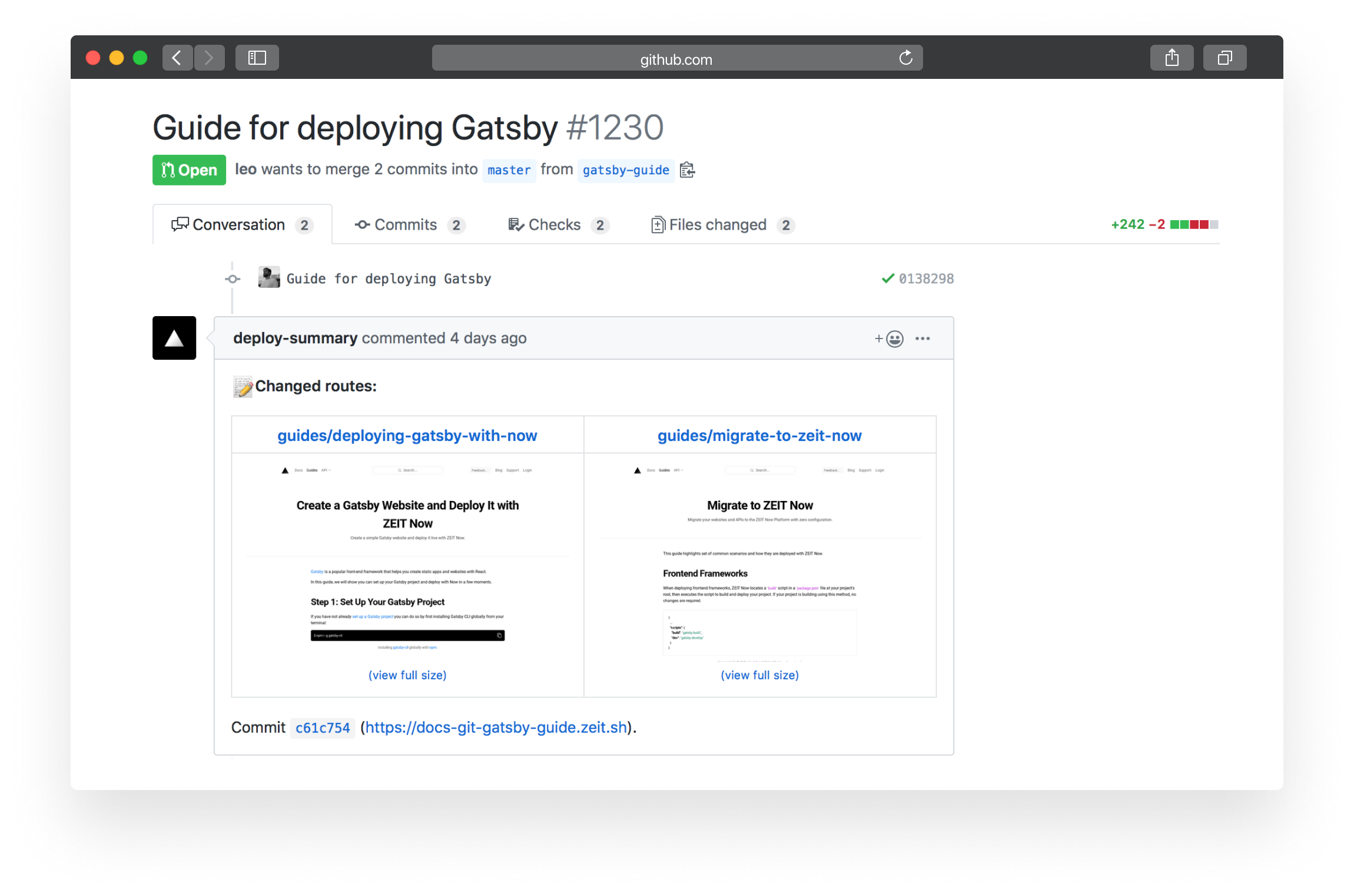 An example pull request with a preview provided by the Deploy Summary integration.