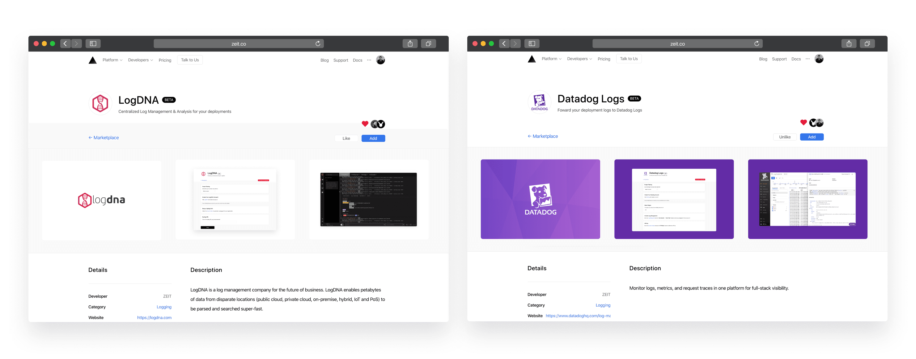 The LogDNA and Datadog integrations available in the ZEIT Integrations marketplace.