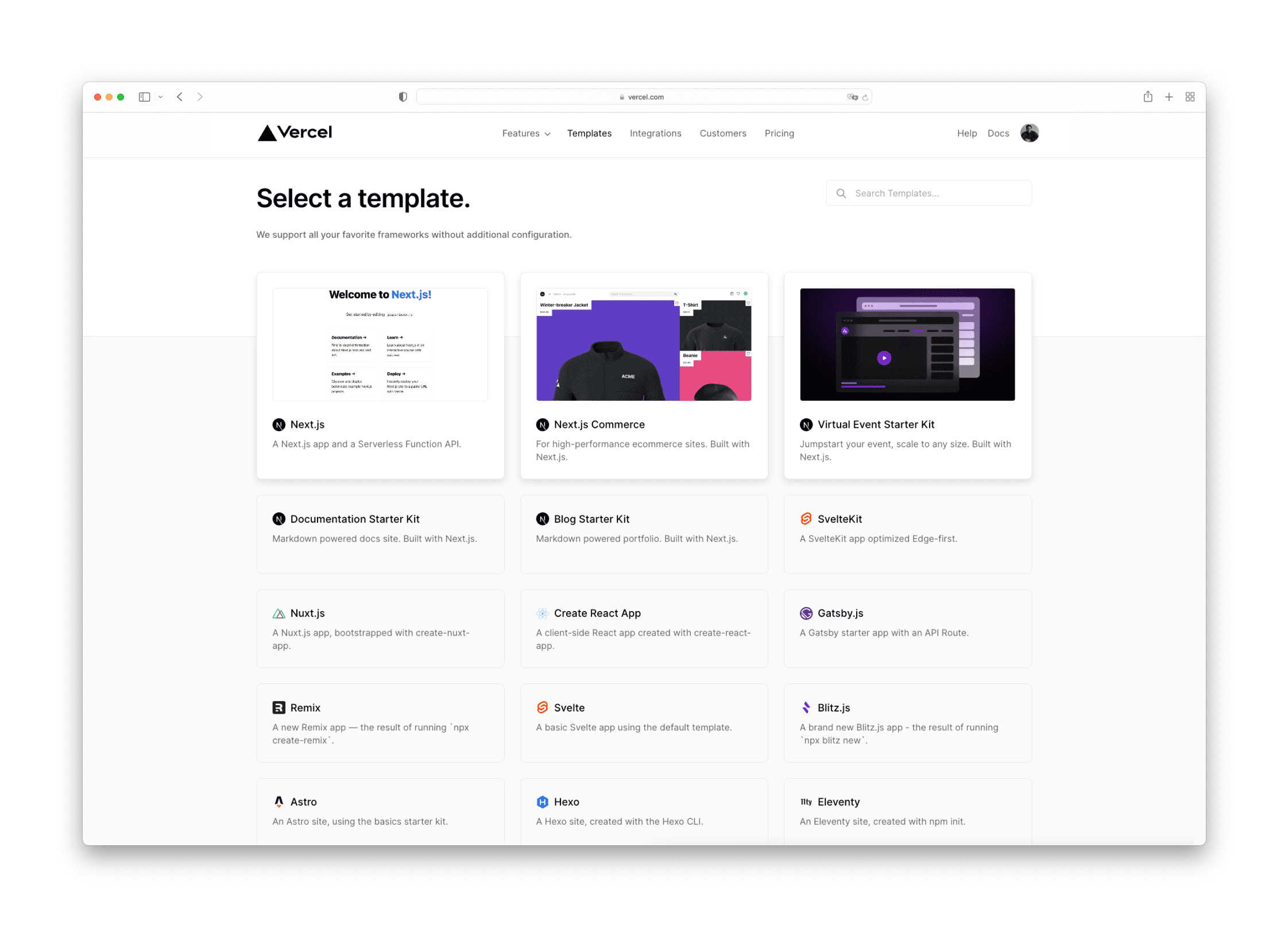Old version: limited selection of templates that focused mainly on framework starters.