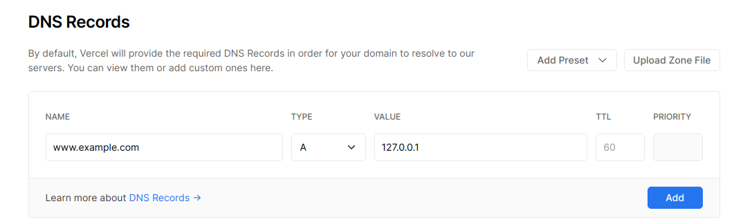 Incorrectly adding an A record to a custom domain with a record value of 127.0.0.1.