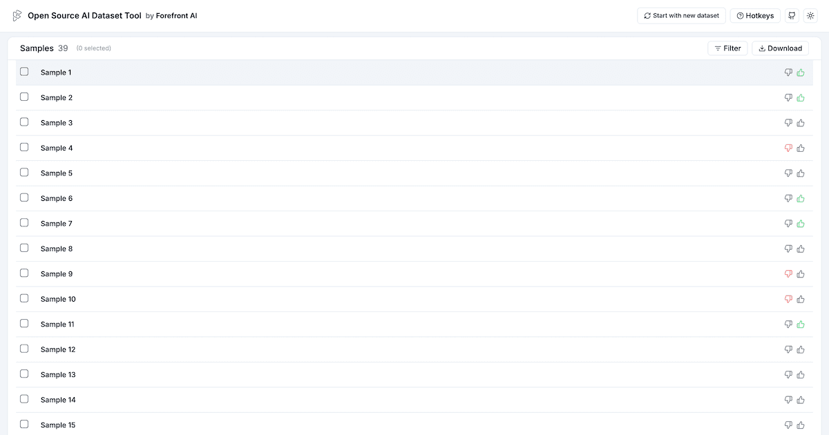 Forefront AI dataset filtering tool template screenshot