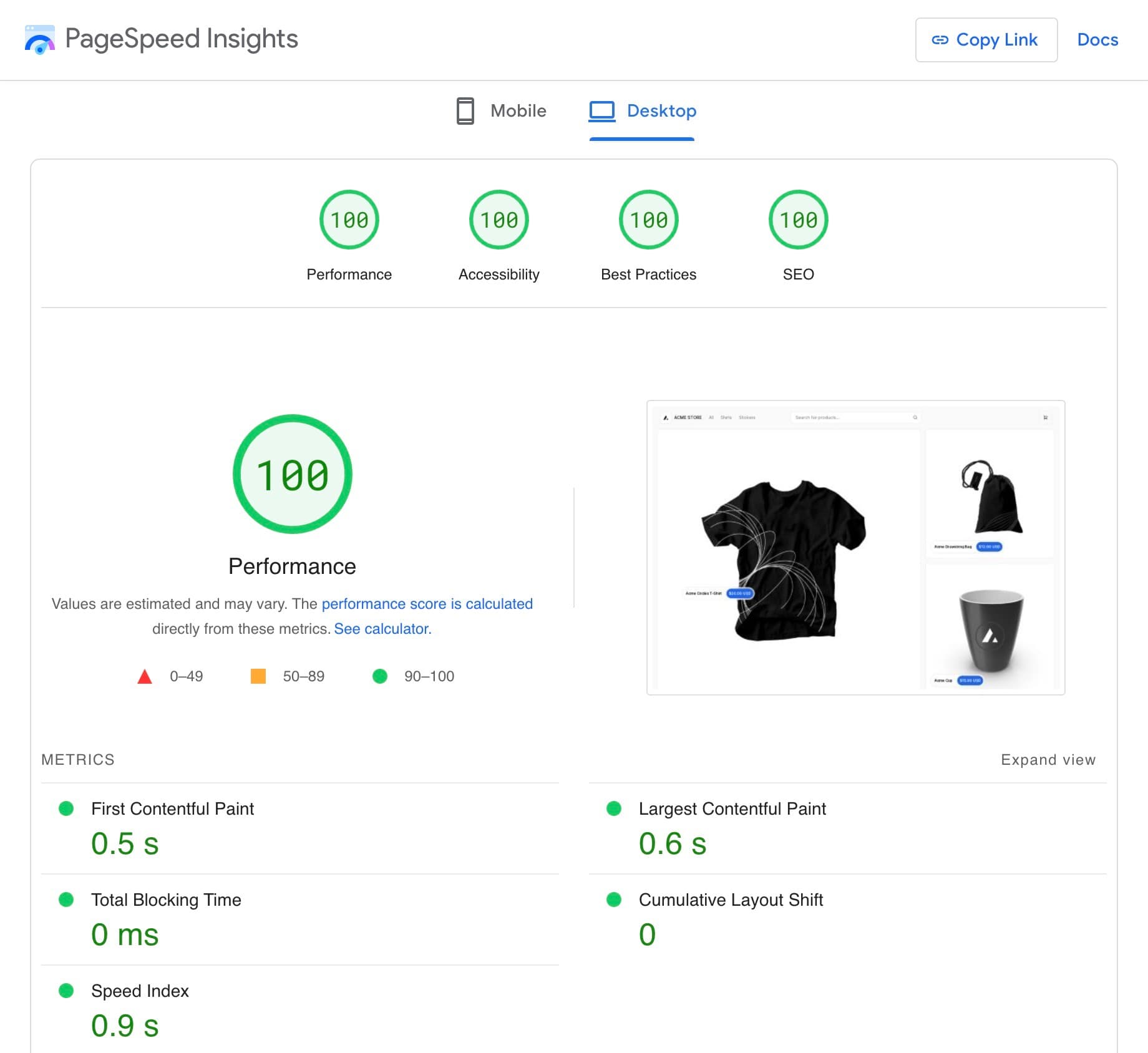 Next.js Commerce 2.0 desktop Lighthouse scores