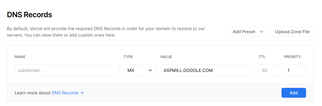 Adding a MX record to your domain.