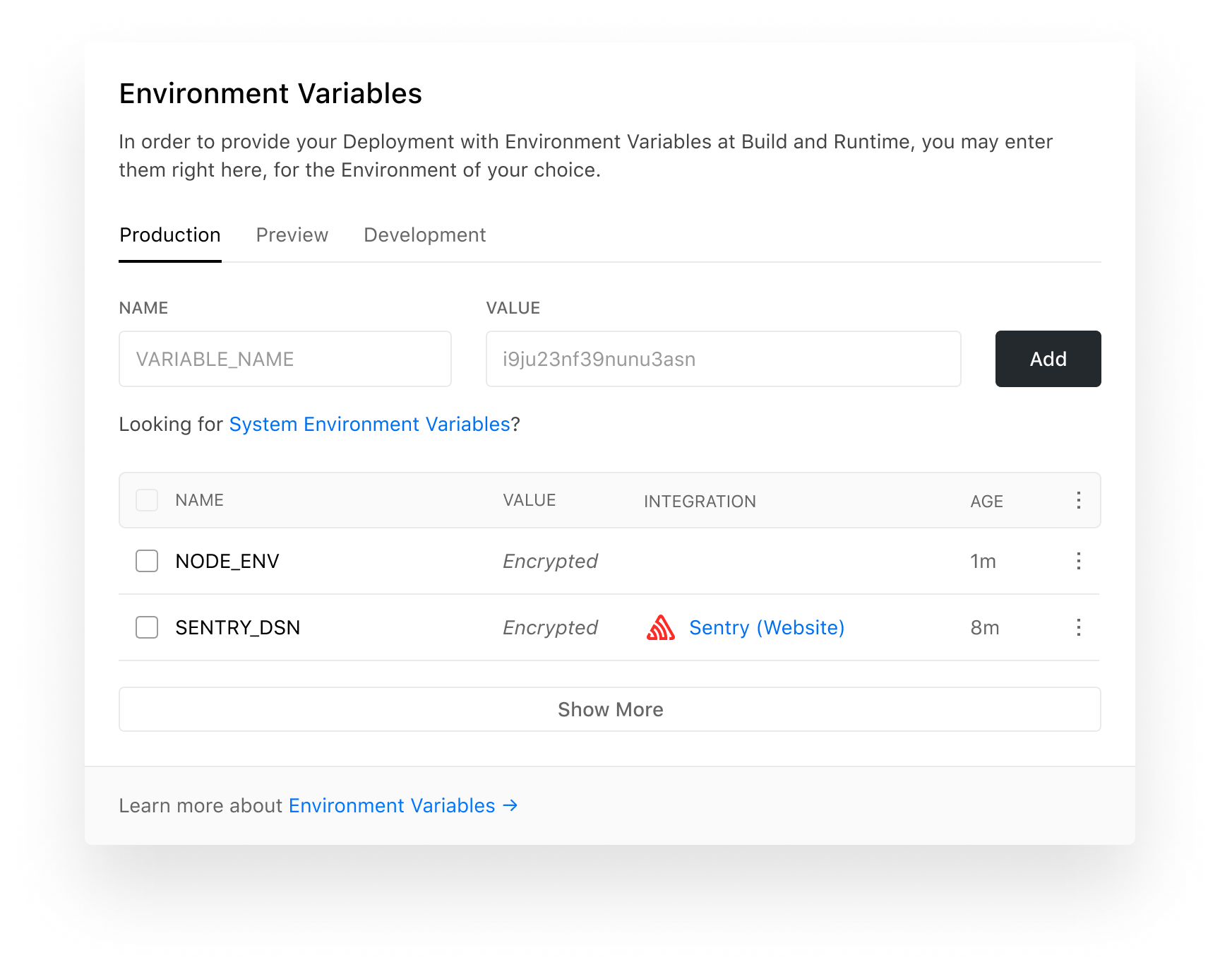 The new "Environment Variables" field in the Project Settings.