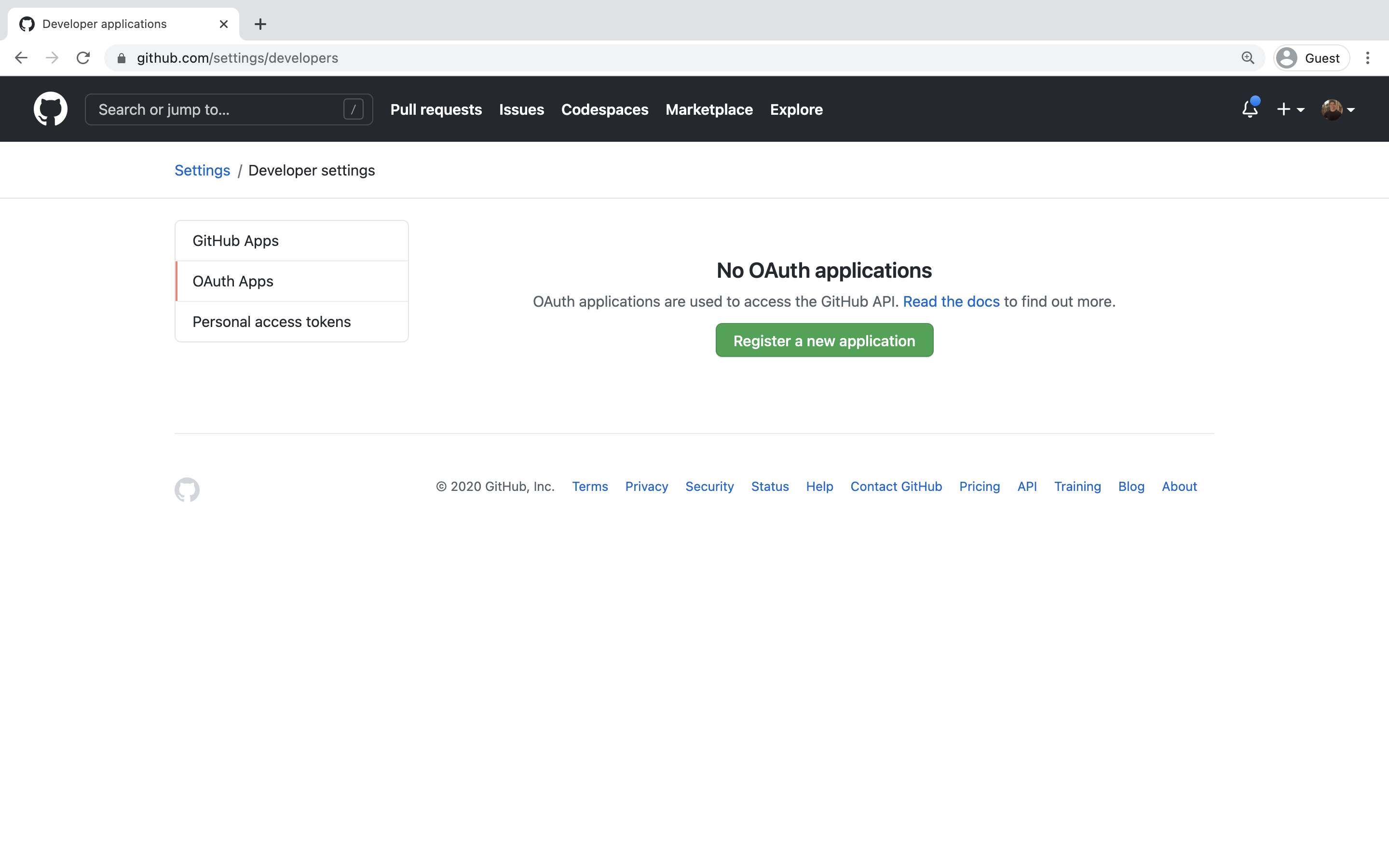 Create a new OAuth application inside GitHub.