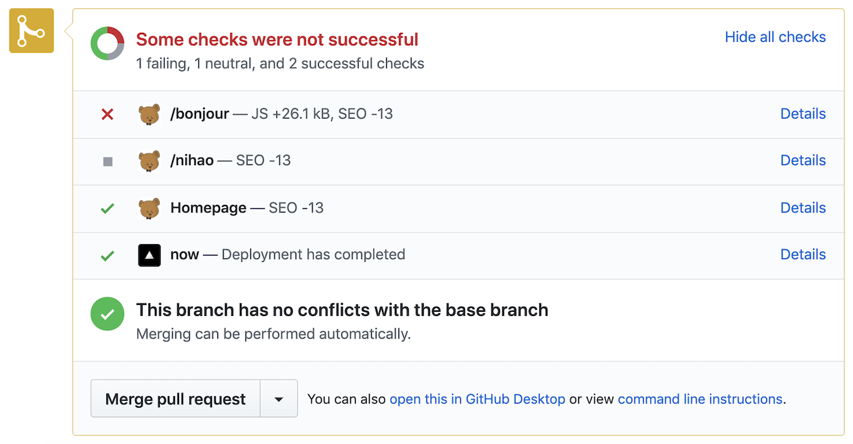 GitHub commit statuses for a Vercel deployment.