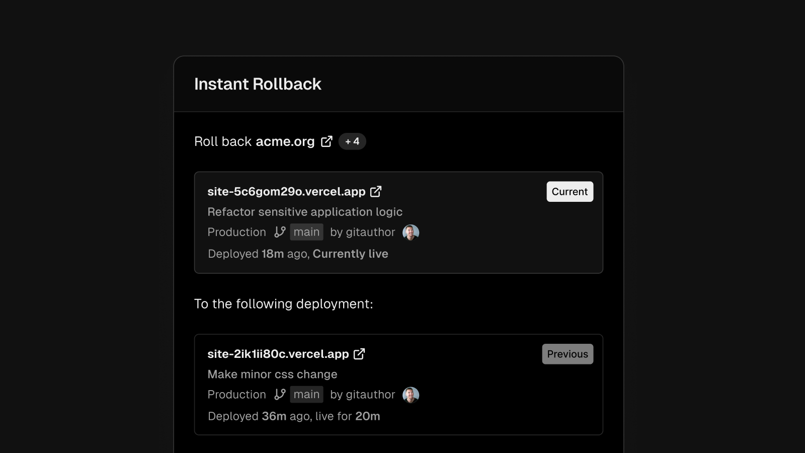 With Instant Rollback you can quickly revert to a previous production deployment, making it easier to fix breaking changes.