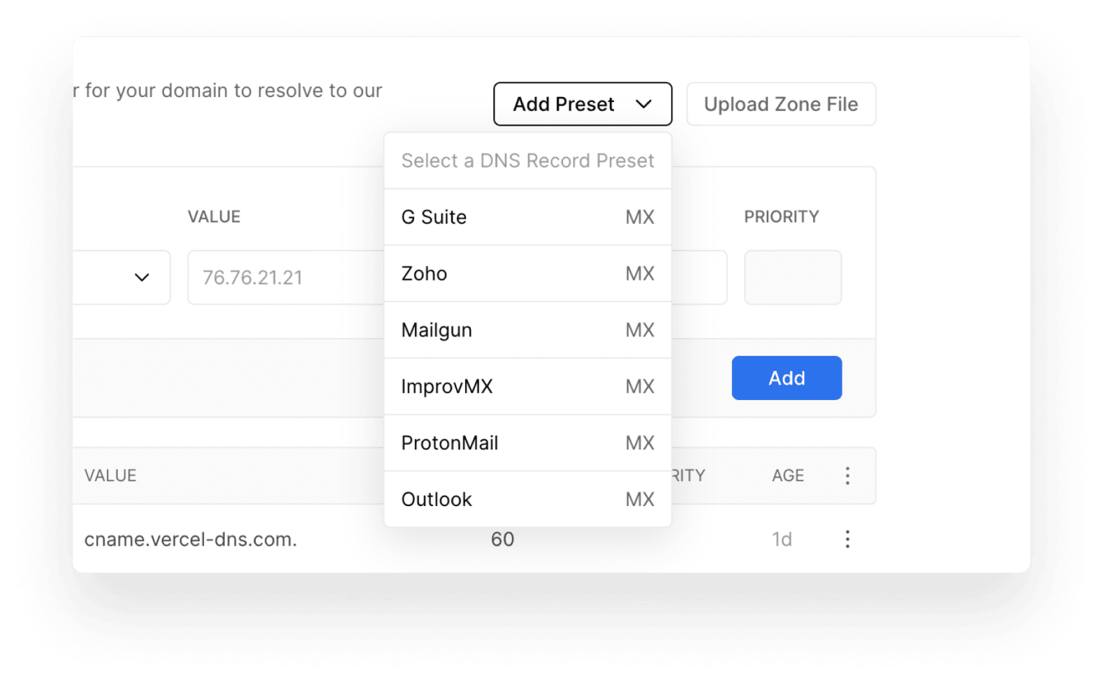 Adding a DNS Record Preset to a Domain.