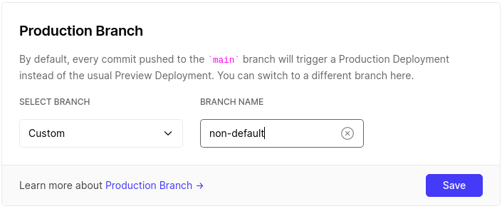 The Production Branch fieldset on the Vercel Dashboard.
