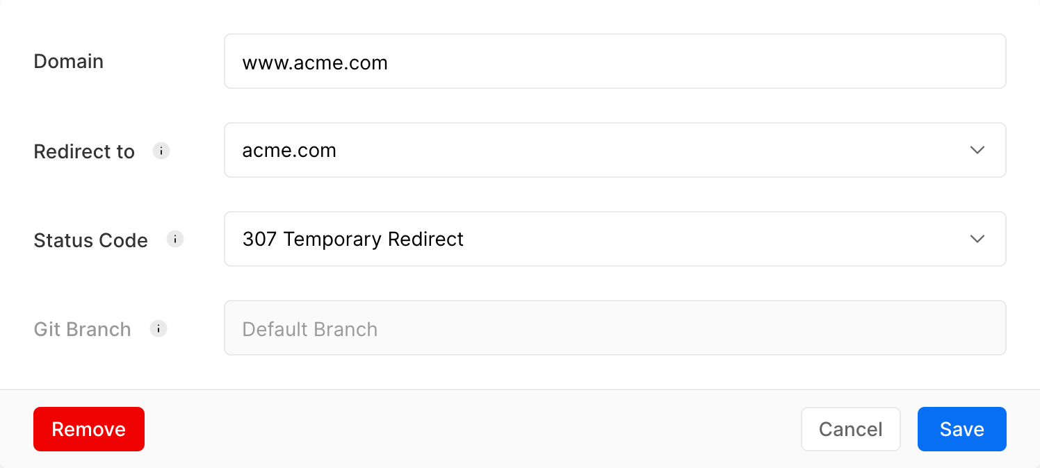 A domain redirect that redirects requests made to www.came.com to acme.com.