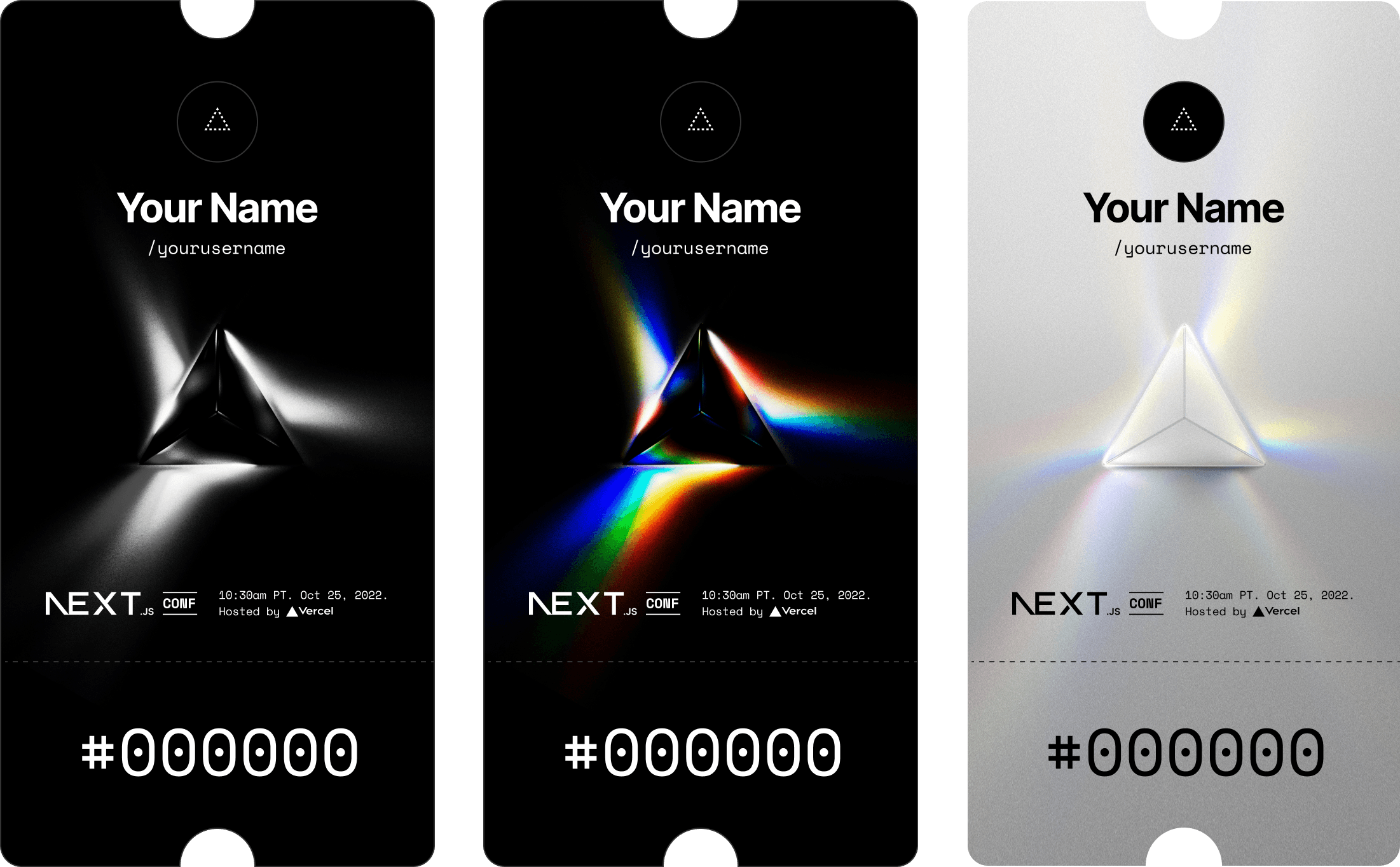 The 3 Next.js Conf ticket themes side-by-side.