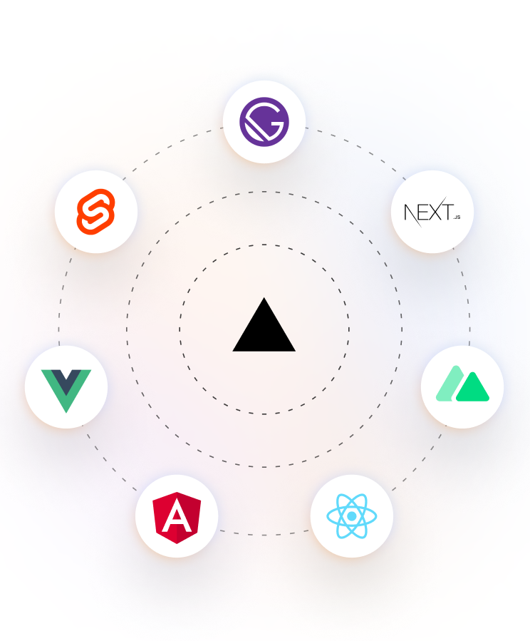 Build at the edge with your favorite frameworks like React, Next.js, Svelte, Vue, Gatsby, Angular, and Nuxt