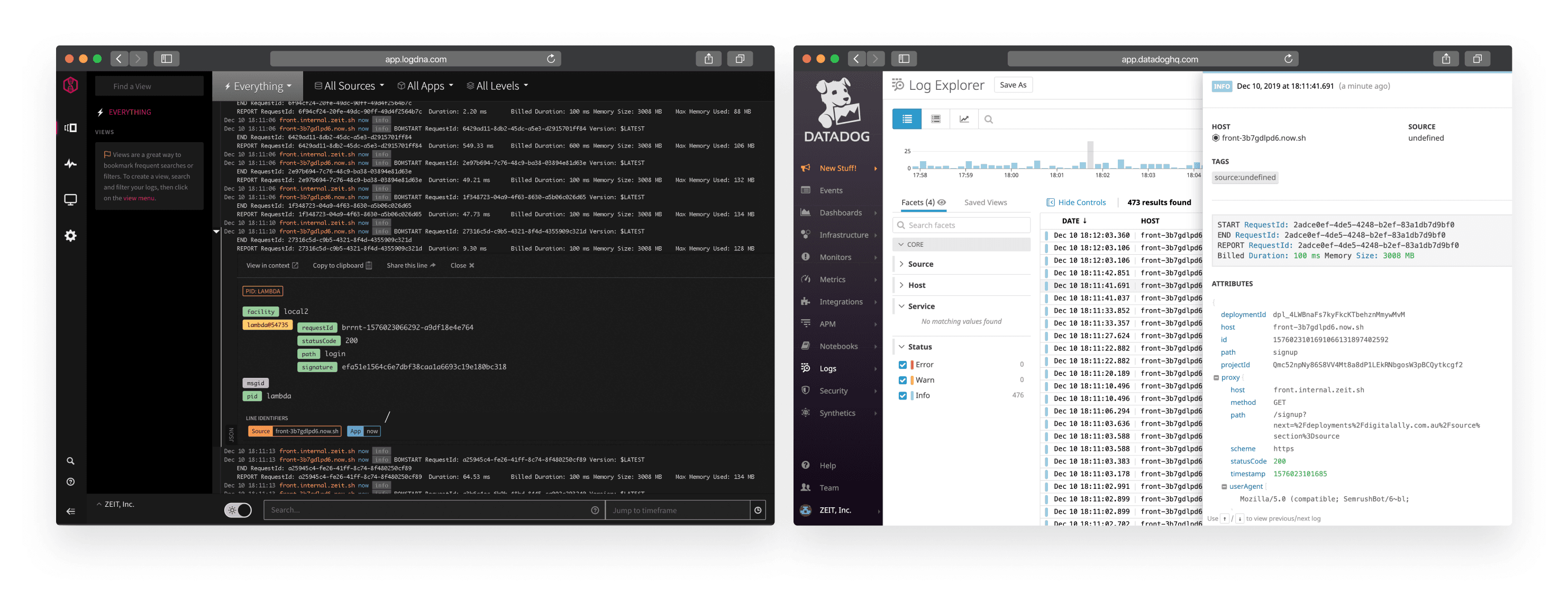 The LogDNA and Datadog application interfaces.