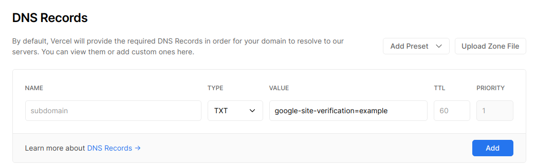 Adding a TXT record to your domain.