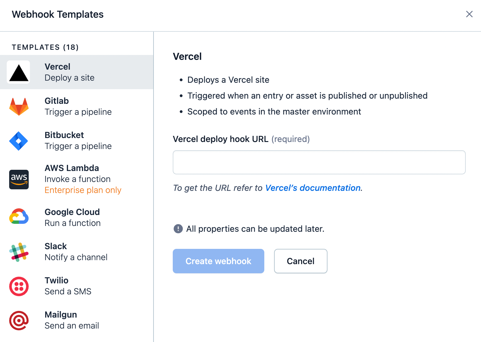 Add the Deploy Hook URL copied from Vercel's Dashboard in the input field.