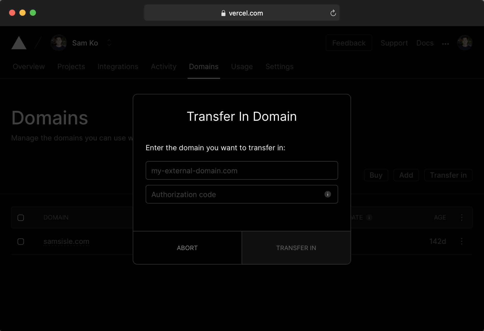 Transferring in a domain via the Vercel Dashboard.