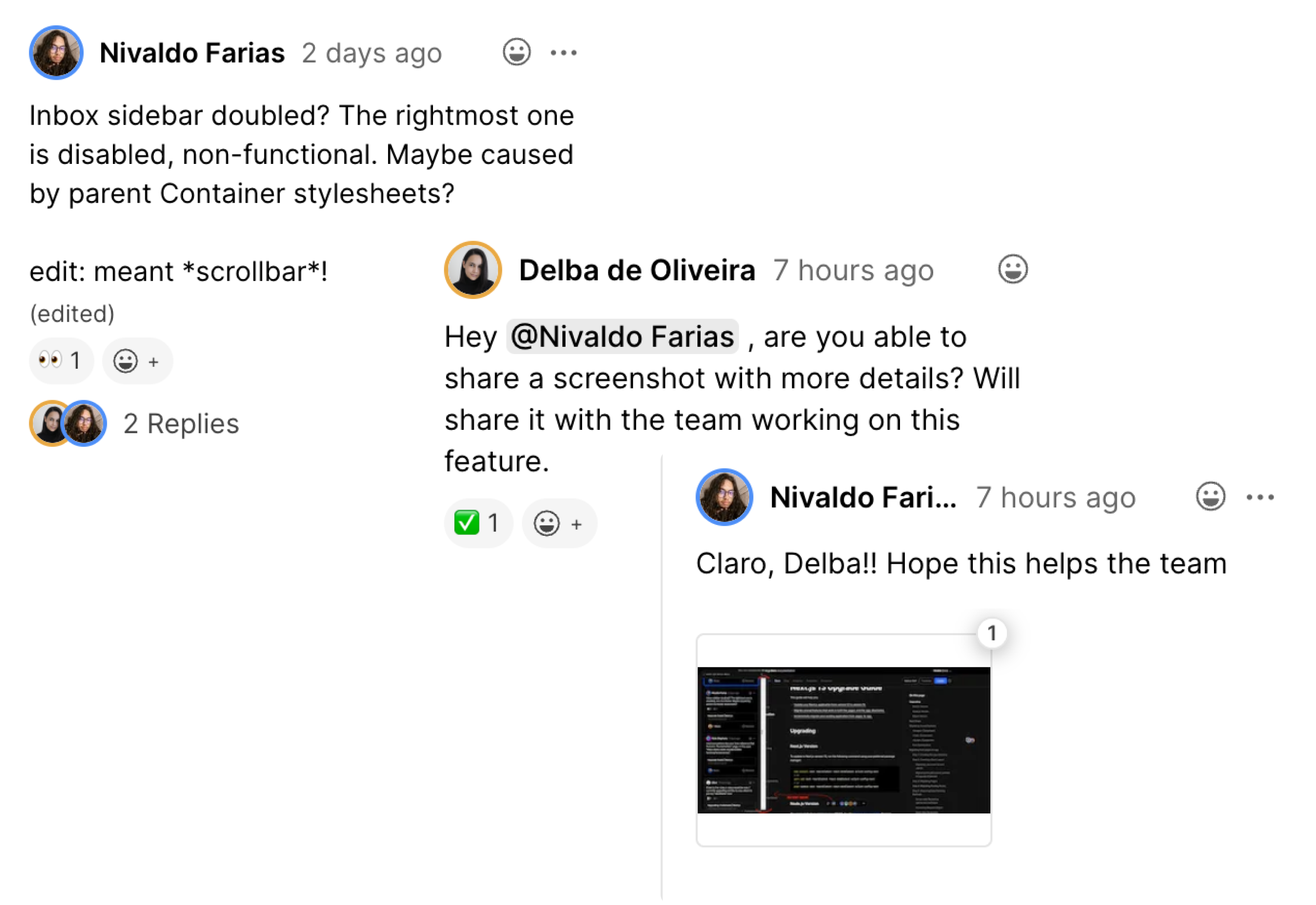 A screenshot of preview comments showing a conversation between Next.js team member and community.