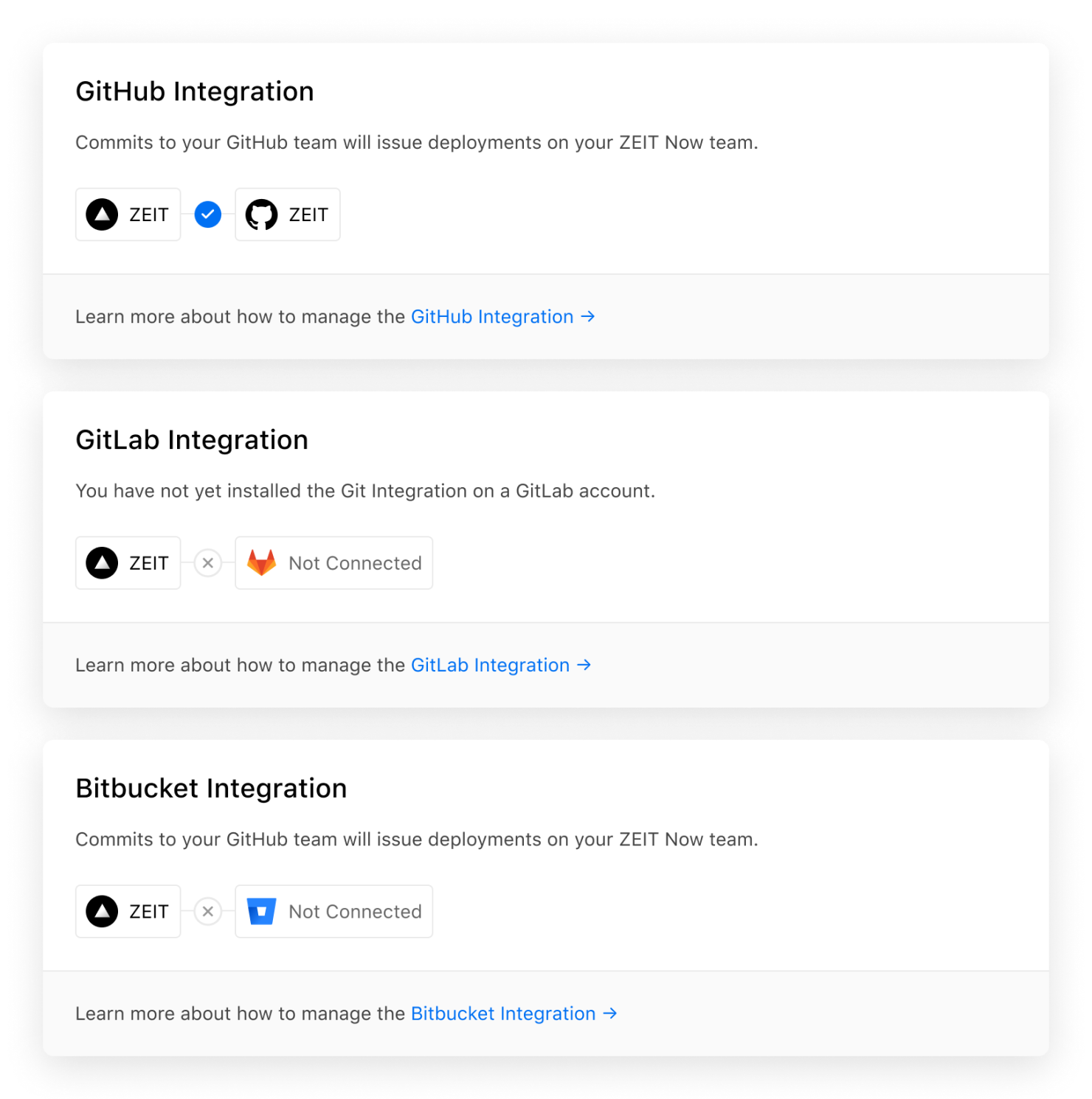 The refined "Git Integrations" settings page for personal accounts and teams.