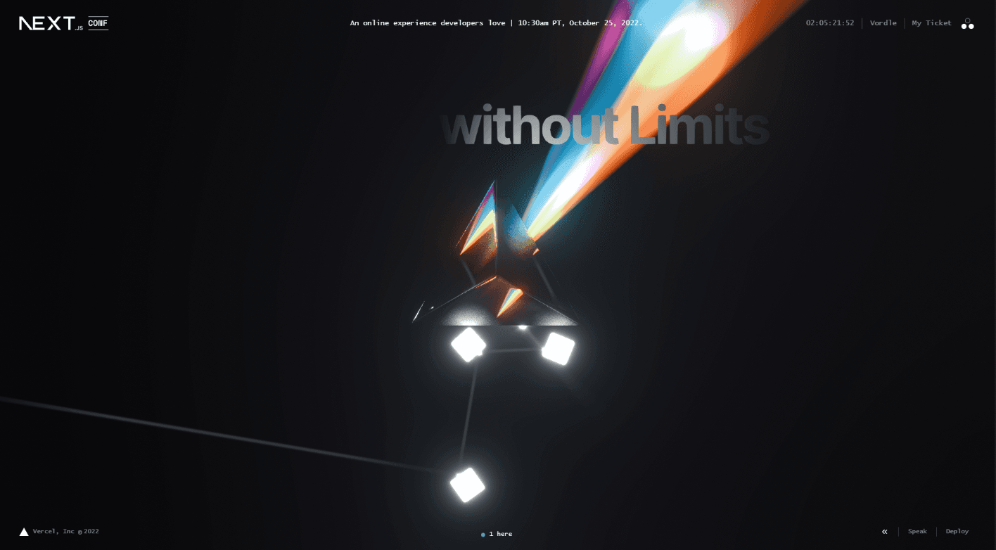 A screenshot of the Next.js 2022 registration page. The prism is illuminated by the white, glowing blocks that redirect the light source because they are placed quite close to it.