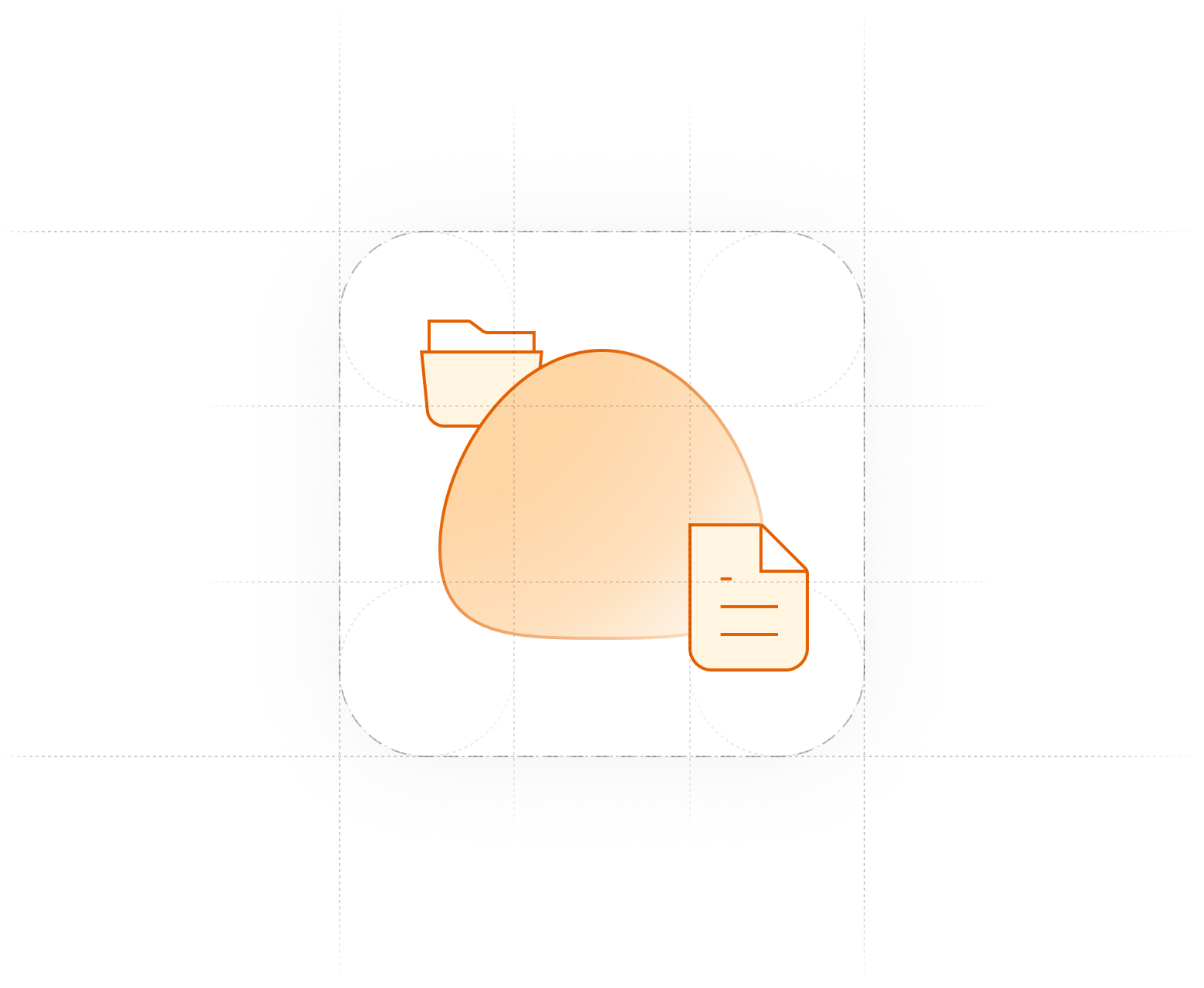 The dotted outline of a square with rounded corners encloses three illustrated items. At the center is a large orange blob, peeking from behind on its left is a folder approximately one third the size of the blob. In front, there is a piece of paper.