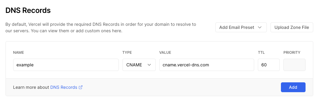The DNS UI when adding an CNAME record to example.example.com.