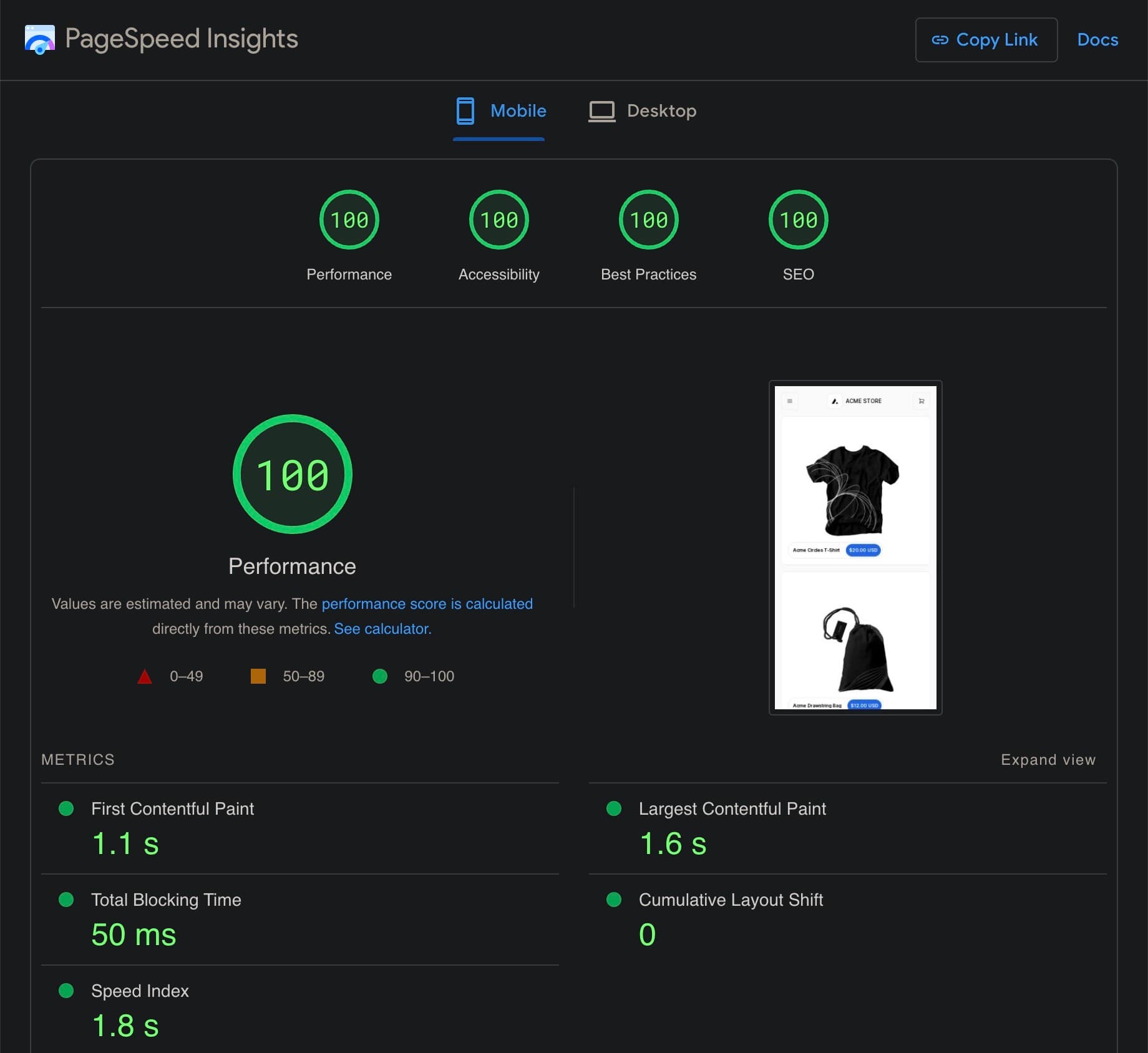 Next.js Commerce 2.0 mobile Lighthouse scores