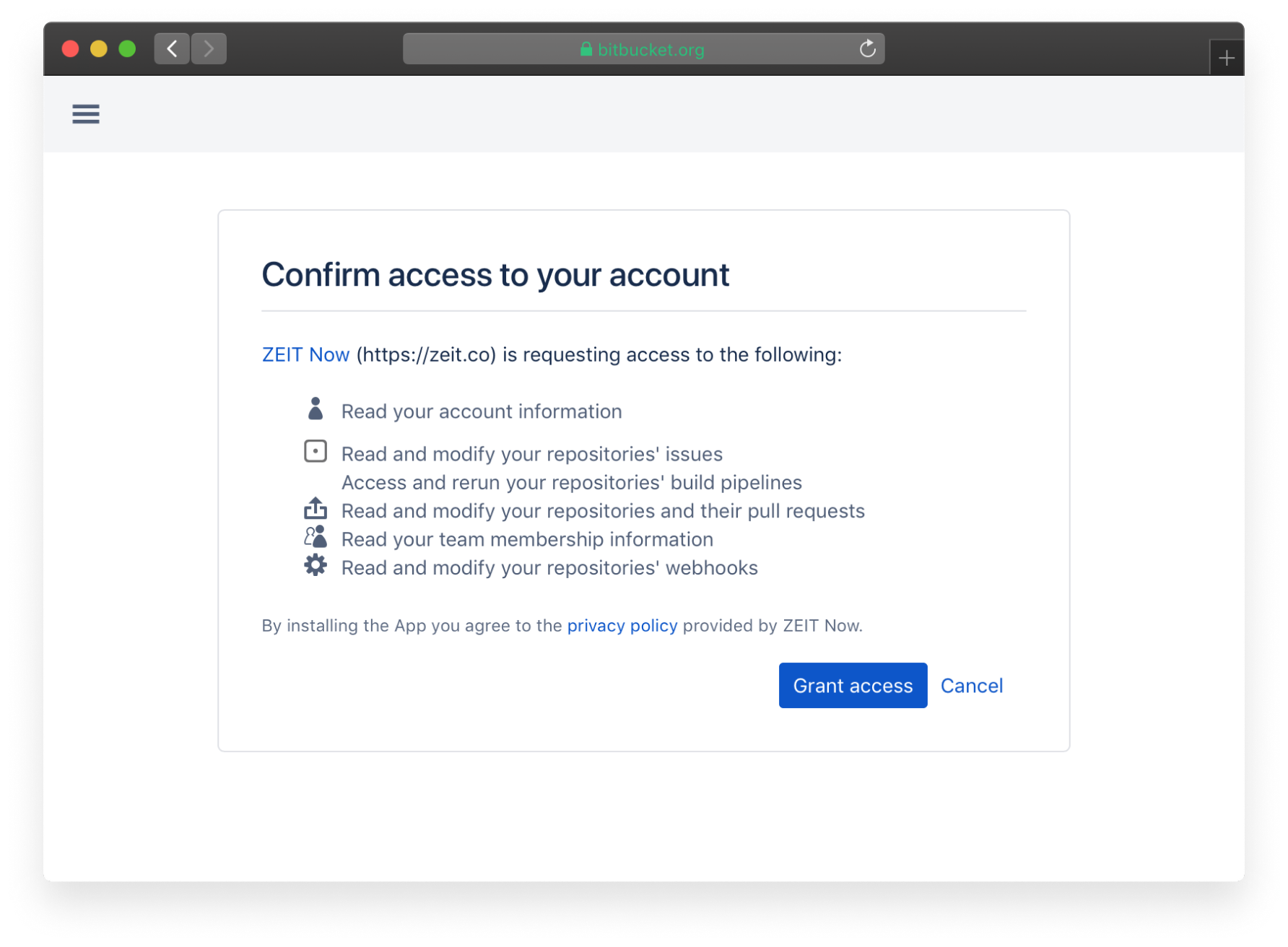 Click "Grant Access" to complete the Bitbucket connection process