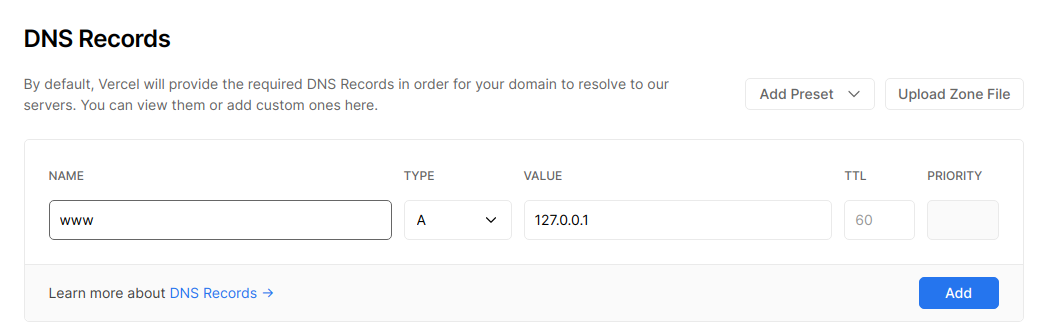 Correctly adding an A record to a custom domain with a record value of 127.0.0.1.