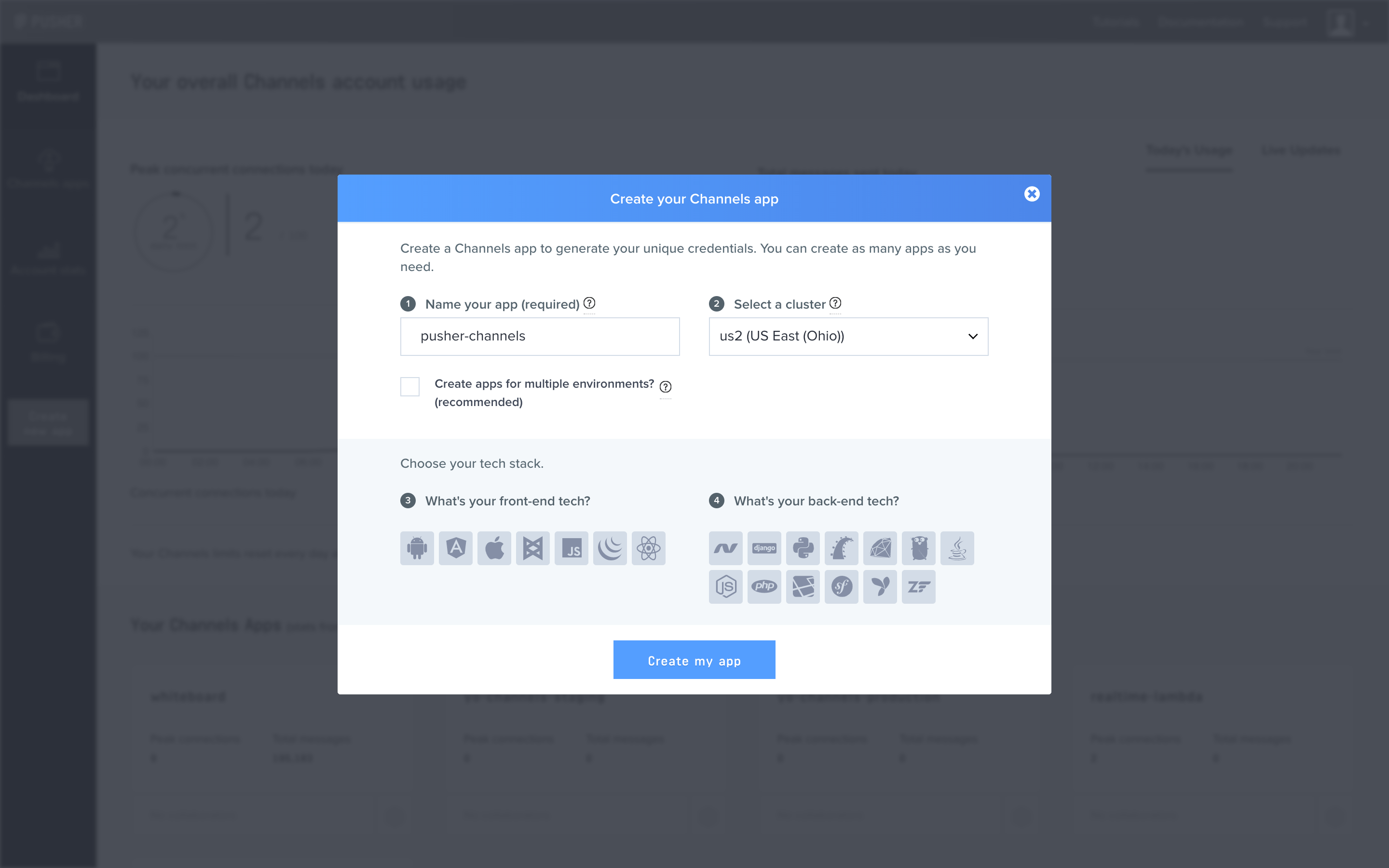 Adding a name and region to the app from the Channels dashboard.
