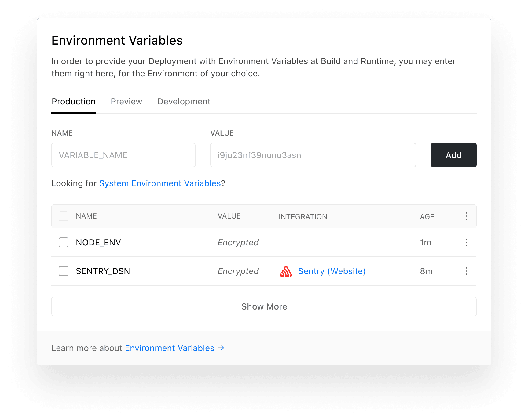 Environment Variables UI - Vercel