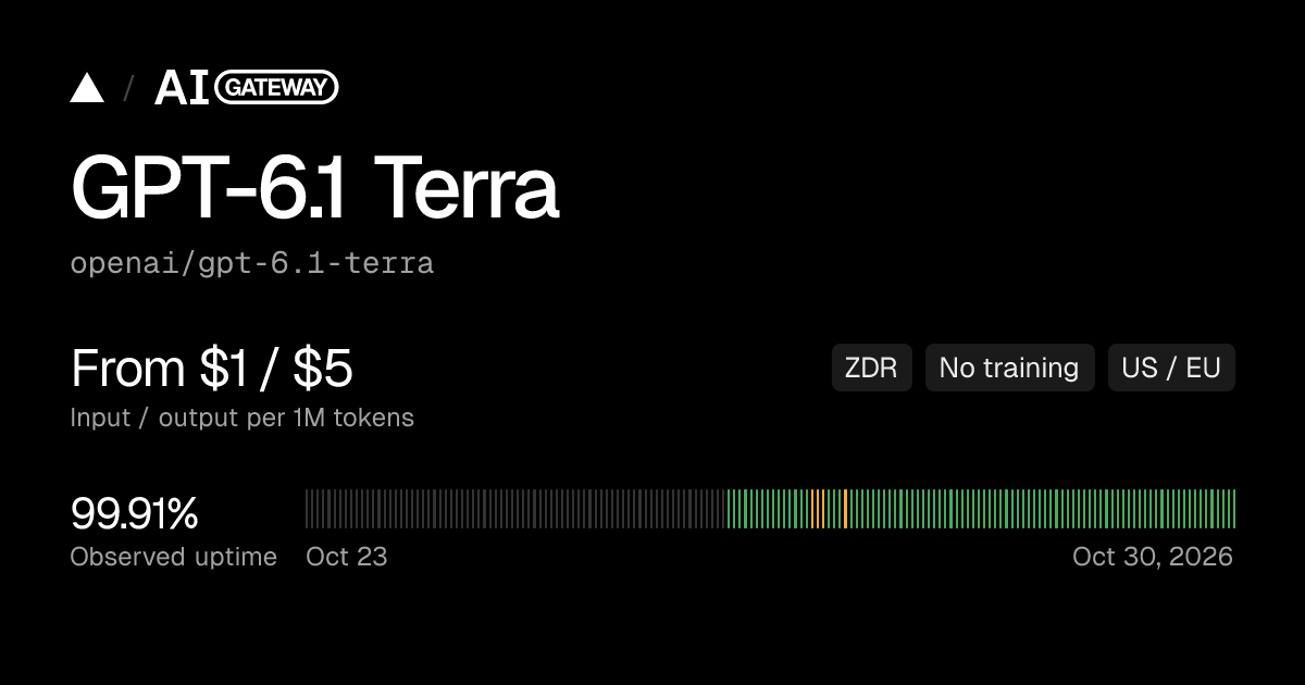 GPT-6.1 Terra API, Pricing & Playground | Vercel AI Gateway