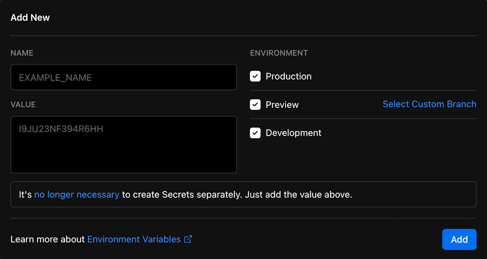 The Environment Variables UI in Project Settings.