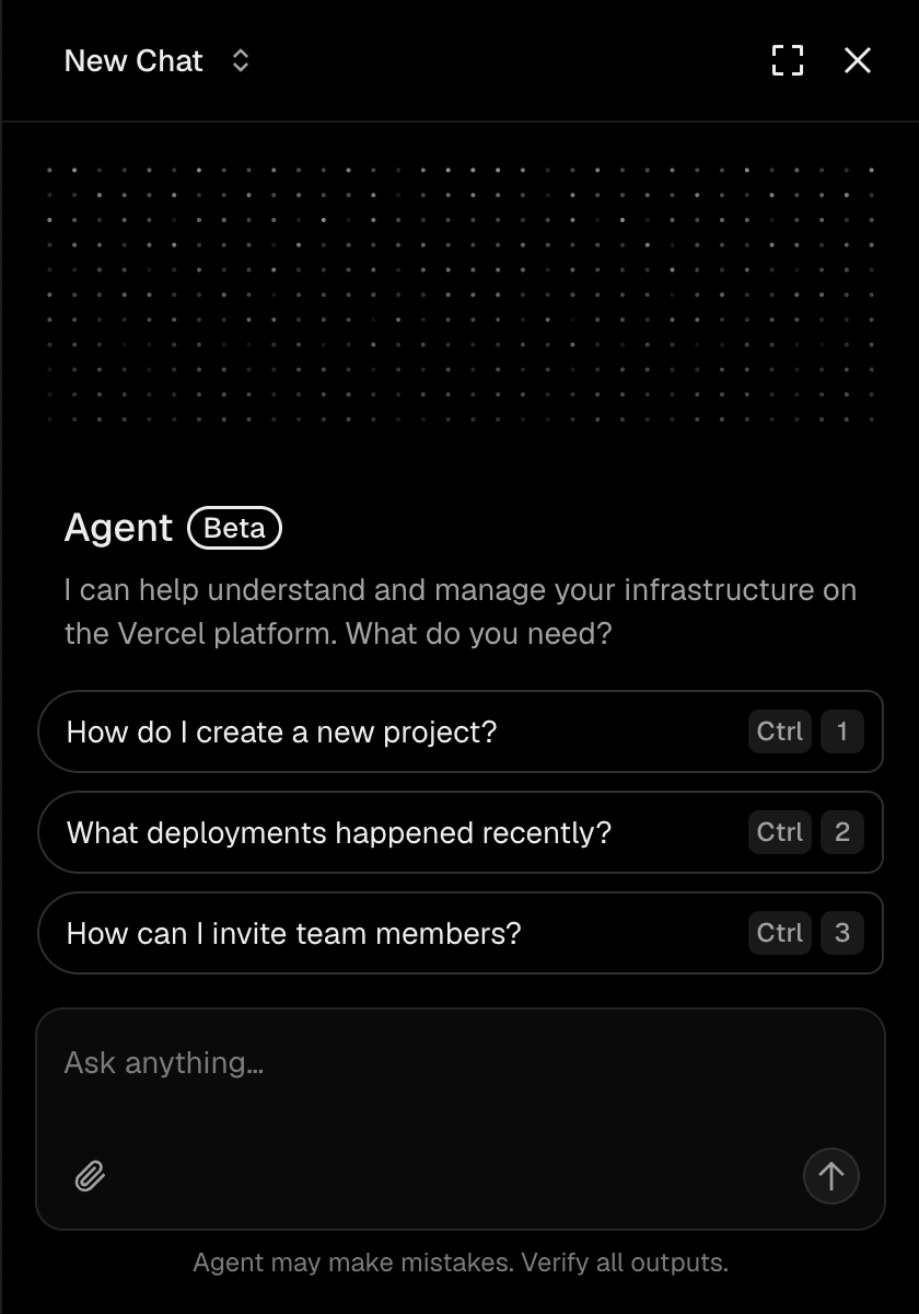 Starting a conversation with Vercel Agent from the dashboard.