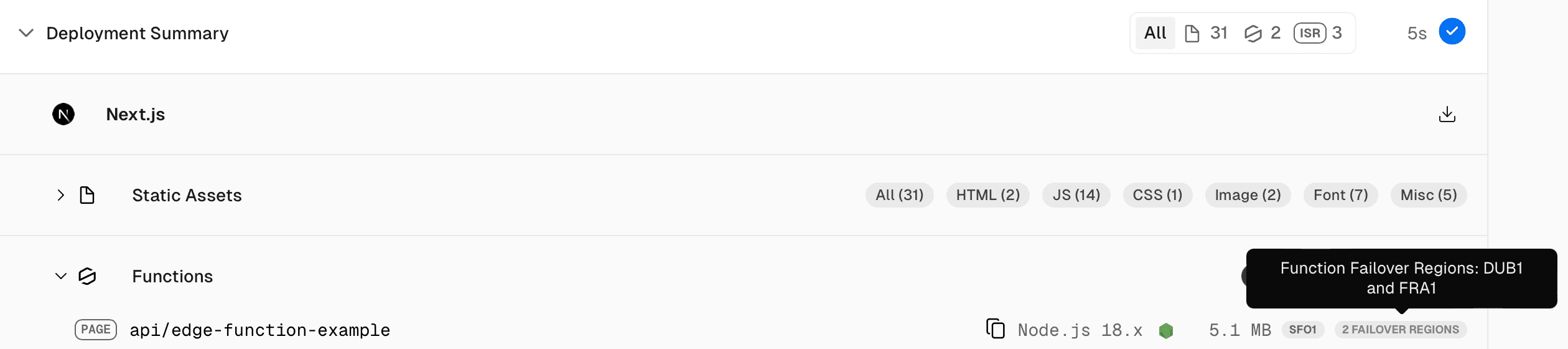 Failover regions for your Vercel functions shown in the deployment summary.