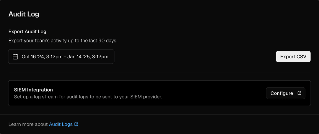 Select a timeframe to export audit logs for your team.