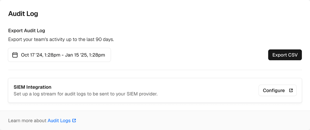 Select a timeframe to export audit logs for your team.