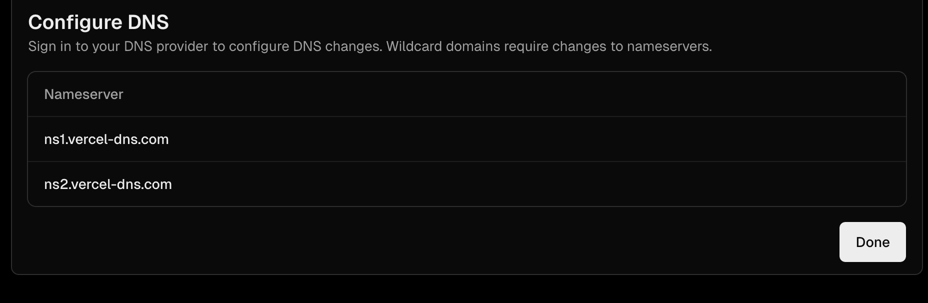 DNS configuration for Vercel nameservers.