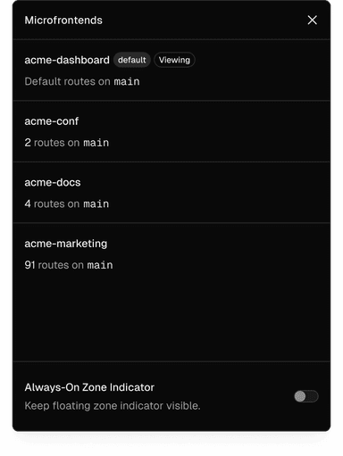 Panel in the Toolbar showing all microfrontends.
