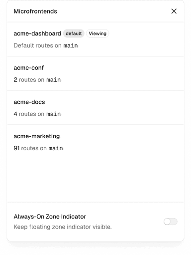 Panel in the Toolbar showing all microfrontends.