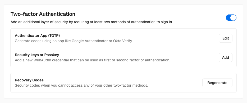 Two-factor authentication settings.