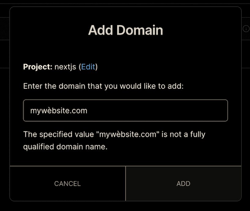 Error shown when adding a domain with unsupported Unicode characters.