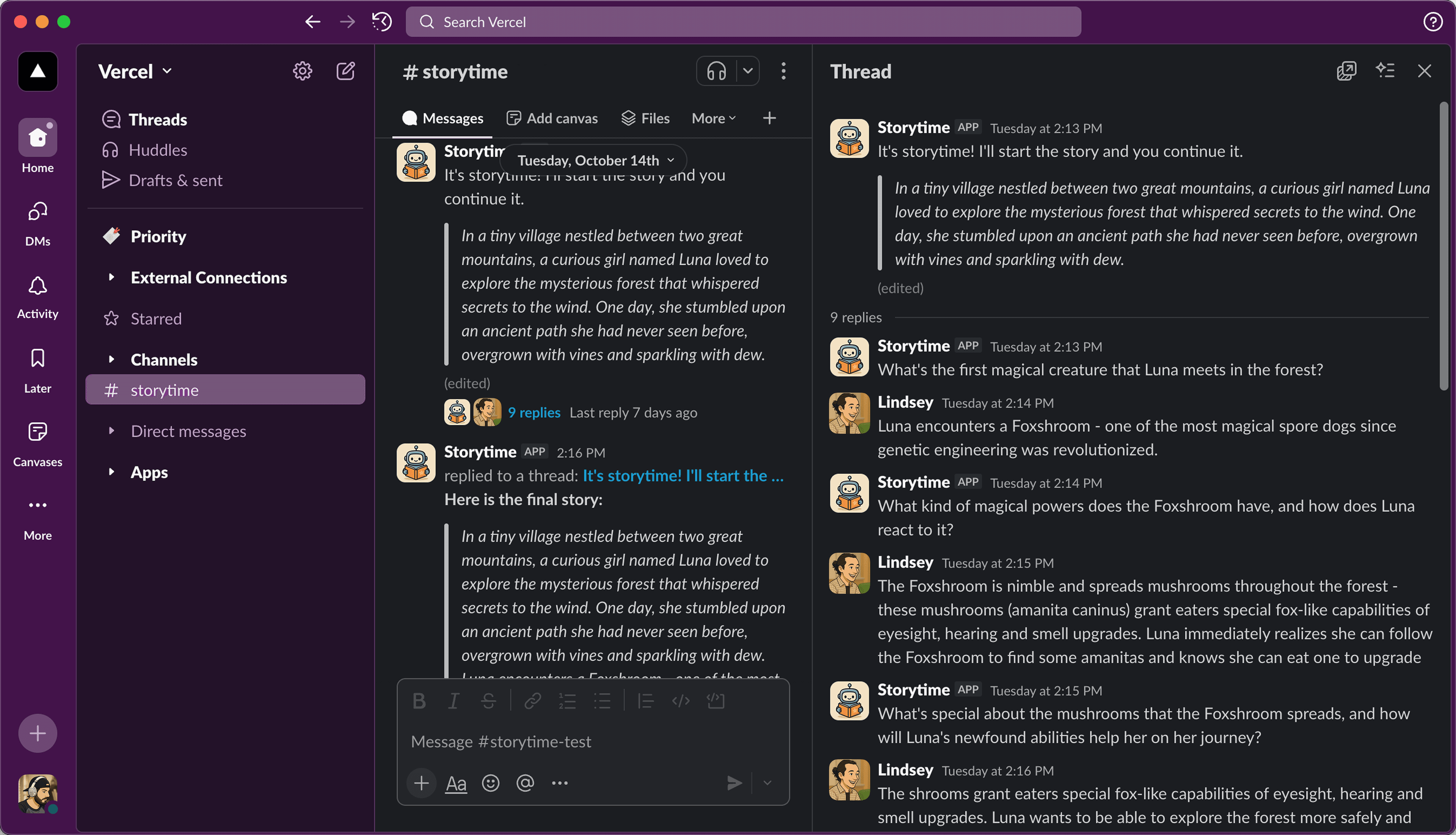 A user interacting with Storytime Slack bot